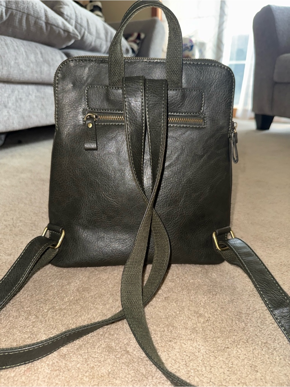 Joy Susan Olive Green Vegan Leather Backpack - Picture 2 of 7